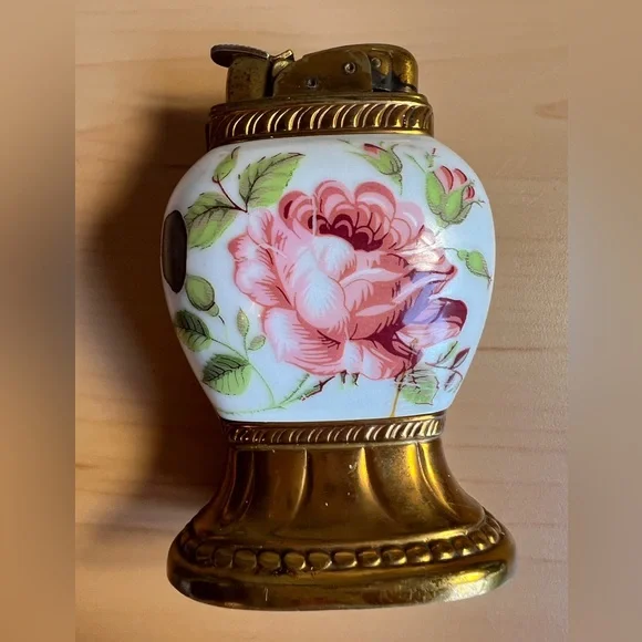 Vintage Evans Table Lighter Porcelain Base Rose Marked USA - Picture 10 of 10